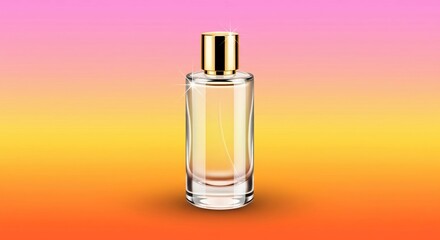 Naklejka premium Capturing the essence of summer a luxurious perfume presented in a sleek glass bottle with a golden cap evoking feelings of warmth and vibrancy on a gradient background of pink and orange.