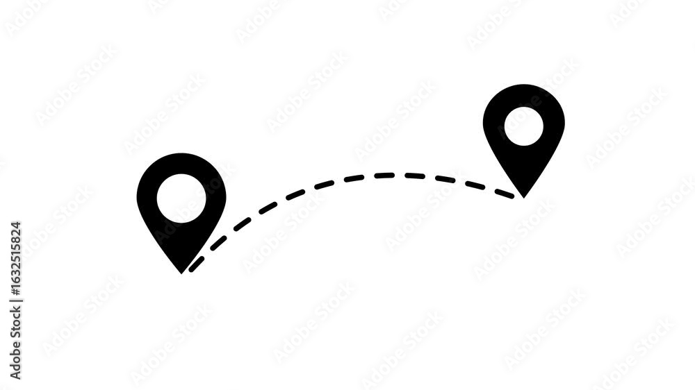 Poster route direction navigation between two points marked with location pin icons and dotted line path