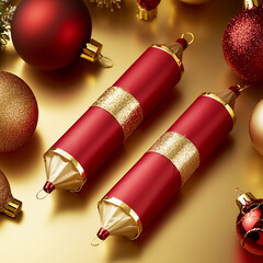 Two red and gold oblong Christmas ornaments lay on a shiny gold surface surrounded by red and gold baubles. Concept of Christmas, festive, holiday, decoration, elegant.