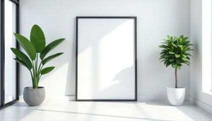 Single black frame against pure white backdrop, modern room setting , interior design, interior, stylish