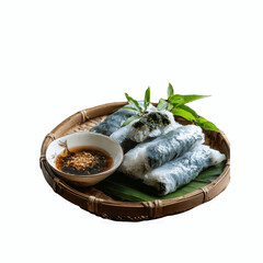 Delicious Vietnamese Banh Cuon with Dipping Sauce on Bamboo Tray