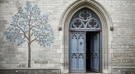 Obraz premium Ancient Stone Archway with Ornate Blue Doors and a Delicate Tree Mural Adorning the Textured Wall Evokes a Sense of Timeless Mystique and Architectural Grandeur