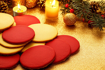 Red and gold round Christmas cookies are stacked on a gold glitter surface with lit candles and festive greenery. Concept of Christmas, baking, holiday treats, cozy, warm.