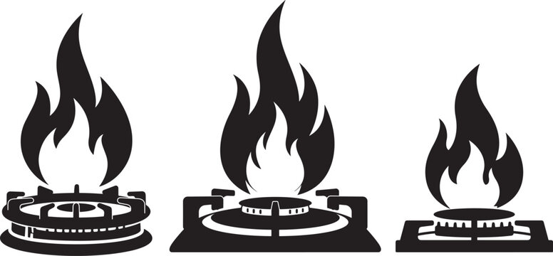 Three gas stove burners with flames silhouette