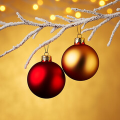 Two Christmas baubles, one red and one gold, hang from a heavily frosted branch with bokeh lights. Concept of Christmas ornaments, holiday decorations, festive season, winter, celebration.