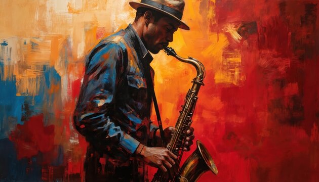 Man plays vibrant yellow saxophone in studio setting. He wears blue shirt, red tie, Afro hair. Studio backdrop, red background suggests performance or artistic creation.