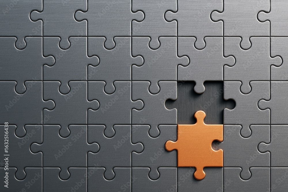 Poster metallic jigsaw puzzle with missing piece and orange puzzle element on brushed steel background, sym