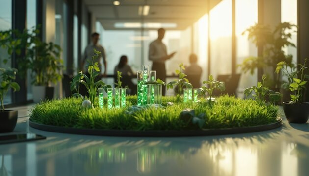 Green office space features central table surrounded by black planters with various plants, flowers. Group of people gathered in background, including lab-coated individuals, conversational team