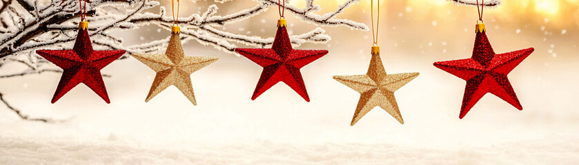 Five glittery star-shaped Christmas ornaments, three red and two gold, hang from frosted branches. Concept of Christmas decorations, holiday season, festive, winter, celebration.