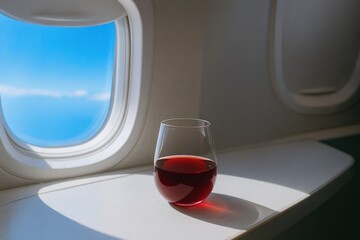 Glass of red wine on airplane tray table with sky view through window
