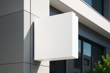 Blank white square signboard on modern building wall, perfect for branding, advertising, or mockup display in clean urban environment.
