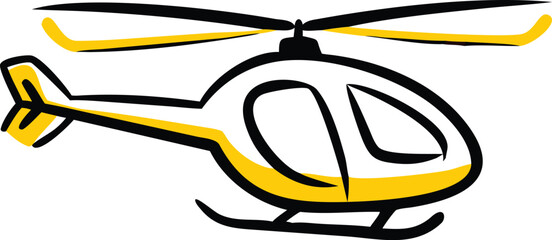 Cartoon yellow helicopter with black outline and white background appears ready to take flight