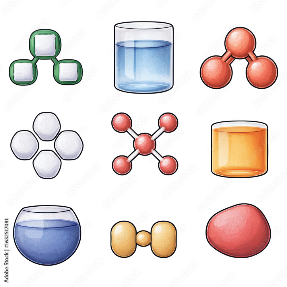Poster colorful chemical structures and compounds in a grid format, isolated on transparent background.