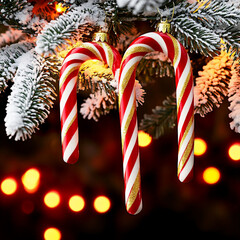 Two candy cane Christmas ornaments with gold glitter stripes hang from a snow-dusted pine branch. Concept of Christmas decorations, holiday treats, festive season, winter, ornaments.