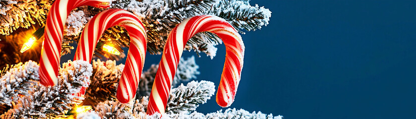 Four candy canes with gold glitter stripes hang from a snow-flocked Christmas tree branch with warm lights. Concept of Christmas candy, holiday treats, festive season, winter, decoration.