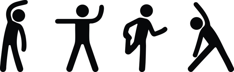  Set of stickman silhouette figures performing stretching, warm-up, and physical exercise poses for fitness, workout, and health illustrations