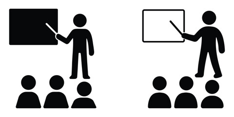 Set of teacher stickman silhouette icons showing classroom learning, education, training, and instructional presentation with students and blackboard © creatix