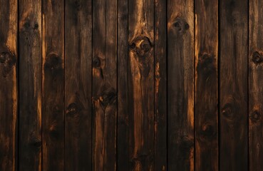 Obraz premium Wooden surface with rich dark brown hue. Weathered, aged wood with clear grain pattern. Close-up view from slightly elevated angle. Focus on wood texture, structure. Wooden element with rough,