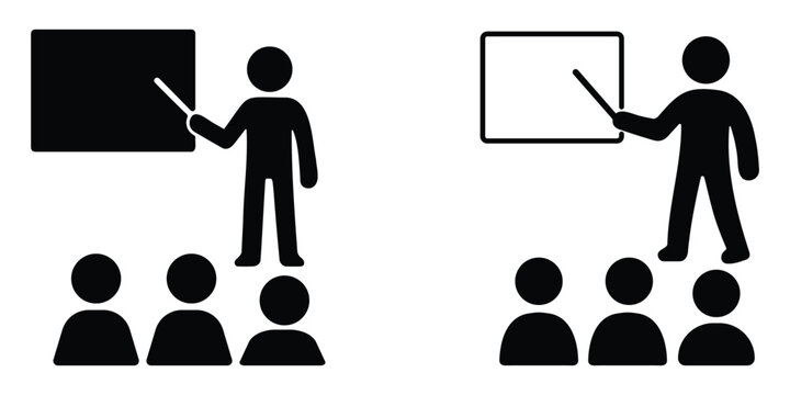 Set of teacher stickman silhouette icons showing classroom learning, education, training, and instructional presentation with students and blackboard