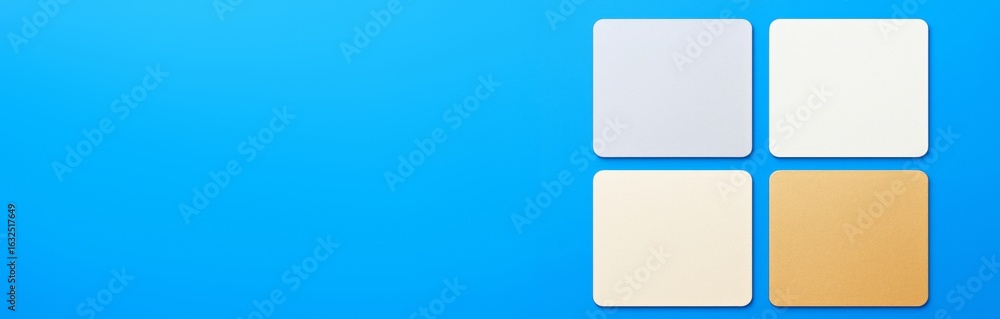 Poster minimalist background with four square paper cards on blue surface for design mockup or advertising 
