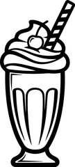 Milkshake with Whipped Cream and Cherry Vector Icon – Black and White Drink