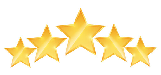 Five shiny golden stars are a symbol of the best quality.  Rating and review of a product or service in flat vector style