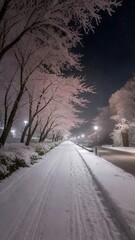 Fototapeta premium Snowy Road at Night Surrounded by Cherry Blossom Trees