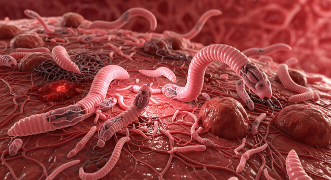 Microscopic view of parasitic worms infesting tissue, causing inflammation and infection.