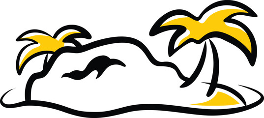 Isolated Desert Island with Palm Trees in Black Outline and Yellow Fill Style