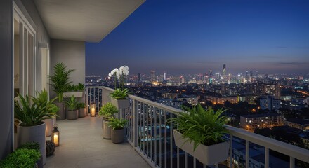 Modern balcony oasis with lush greenery overlooking a dazzling cityscape at dusk