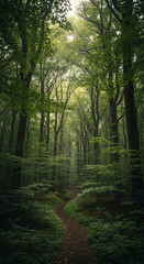 Obraz premium Serene Woodland Path Bathed in Sunlight Through Lush Green Trees