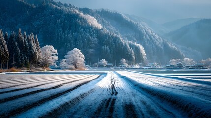 Frozen rice fields in a snowy forest rural Japan in winter