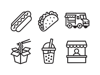 Fresh Black Line Urban Food Icons — Hot Dog, Taco, Food Truck, Noodles Box, Bubble Tea, Food Stall on White Background