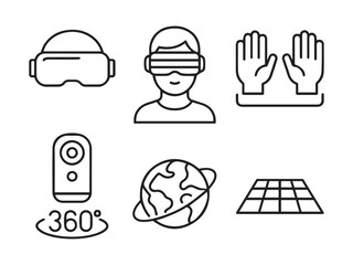 Futuristic Black Line Art Icons — VR Headset, Metaverse Avatar, Virtual Hands, 360° Camera, Immersive Globe, Cyberspace Grid on White Background