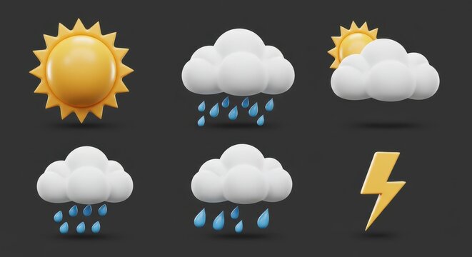 Collection of realistic weather icons featuring sun clouds rain and lightning on a dark background