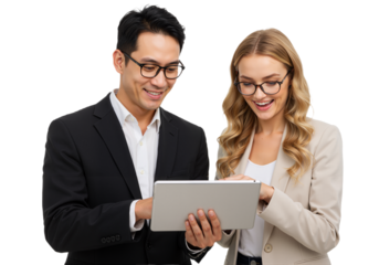 A man in a black suit and glasses smiles at a tablet, while a woman in a beige blazer points at the screen, both engaged in discussion PNG .