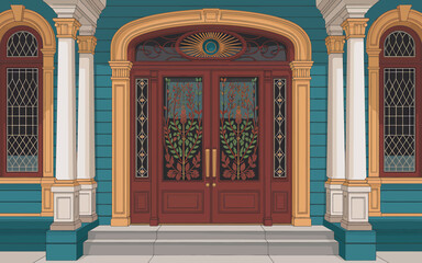 Obraz premium Detailed architectural facade featuring ornate doors columns and decorative windows creating an inviting and artistic entrance to a building