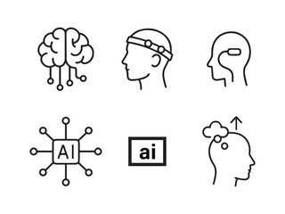 Black Line Icons of Futuristic Neurotech — Brain with Circuit Lines, EEG Headset, Neural Link, AI Synapse, Thought Command on White Background