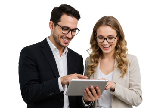 A man in a black suit and glasses smiles at a tablet, while a woman in a beige blazer points at the screen, both engaged in discussion PNG .