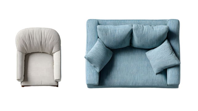 Top view of sofa and armchair on white background