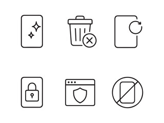 Black Line Icons — Clean Screen, Delete Data, Update Notification, Digital Detox, App Lock, Safe Browsing on White Background