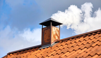 Smoky Chimney on Rooftop: The detailed close-up of a chimney emitting wisps of smoke against a backdrop of blue sky, showcasing rustic architectural details and an atmospheric feel.