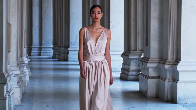 Elegant woman in a flowing dress walking through a corridor with marble columns