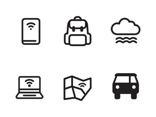 Trendy Black Line Icons — Backpack with Laptop, Passport with Cloud, Beach with Laptop, Map with Wi-Fi, Mobile Office Van on White Background