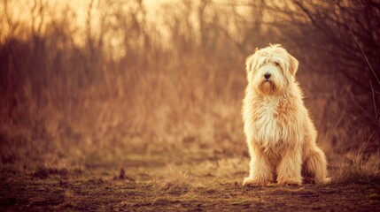 A golden-haired dog with a shaggy coat sits calmly in a grassy area,