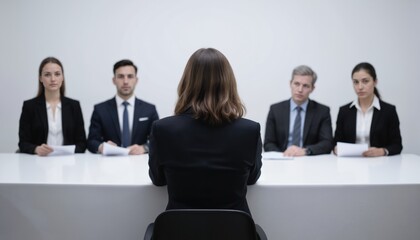 Woman sits across from formal business attire panel. Four interviewers seated at table, discussing career opportunities. Corporate environment, recruitment, employment, human resources. Pro attire,
