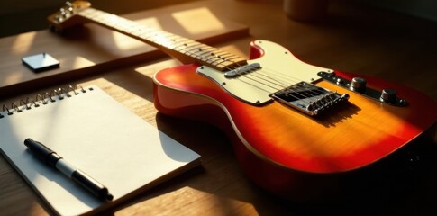 Sunlit Telecaster guitar rests on wood desk beside notepad, writing, guitar, wood