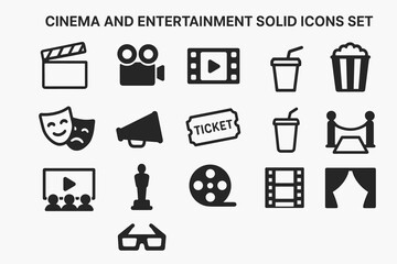 Cinema and Entertainment Solid Icons Set – Movie, Theater and Media Symbols