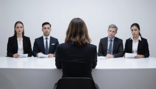 Woman sits across from formal business attire panel. Four interviewers seated at table, discussing career opportunities. Corporate environment, recruitment, employment, human resources. Pro attire, - Powered by Adobe