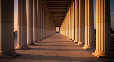 Fototapeta premium Golden Hour Sunlight Illuminates Ancient Stoa Pillars Creating Dramatic Shadows and Perspective in a Historical Architectural Landmark